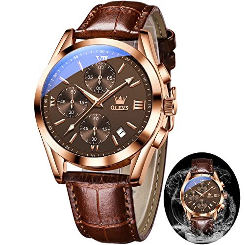 OLEVS Brown Leather Watch Chronograph Dress Water Resistant Classic Mens Watch with Leather Band Casual Analog Young Men's Wrist Watches Relojes para Hombres