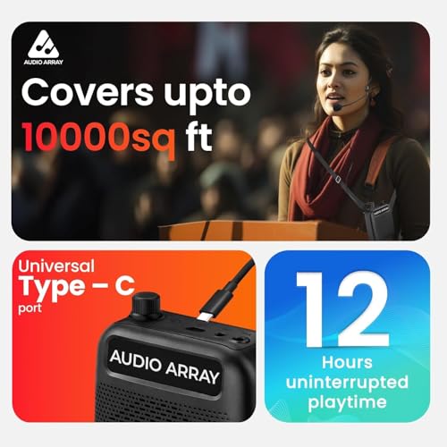 Image of Audio Array Wired Voice Amplifier for Teachers 2026 Edition | Bluetooth 5.3 | Mic for Teaching with 10W Speaker, Tour Guides | 10Hrs Battery Life |1 Click Monitoring | TWS Connectivity AM-W47 Wired