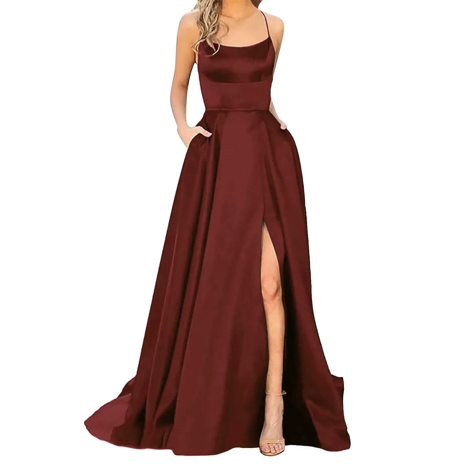Elegancka długa sukienka na bal absolwentów dla kobiet, formalna sukienka, porwana, seksowna sukienka dla druhny, na wesele, dla gości, sukienka wieczorowa, czerwone wino, S