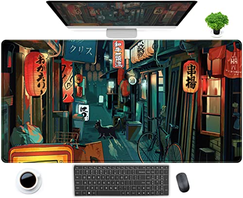 Sous-main de bureau XXL pour ordinateur portable, souris et clavier, tapis de jeu vintage avec motif d’anime japonais pour joueuses, bords cousus, 80 x 40 cm
