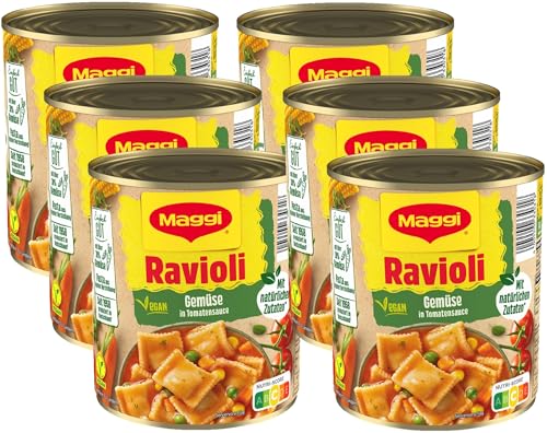MAGGI Gemüse-Ravioli in Tomatensauce leckeres Fertiggericht mit gefüllten Nudeln und Sauce das Pasta-Original ideal fürs Camping oder den Vorratsschrank vegan 6er Pack (6 x 800g)