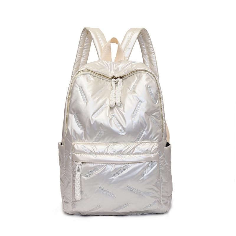 Cute Puffer Backpack for Women, Trendy Puffy Shoulder Bag Fashion Quilted Padding Laptop Bookbag Travel Y2k Backpack (White)