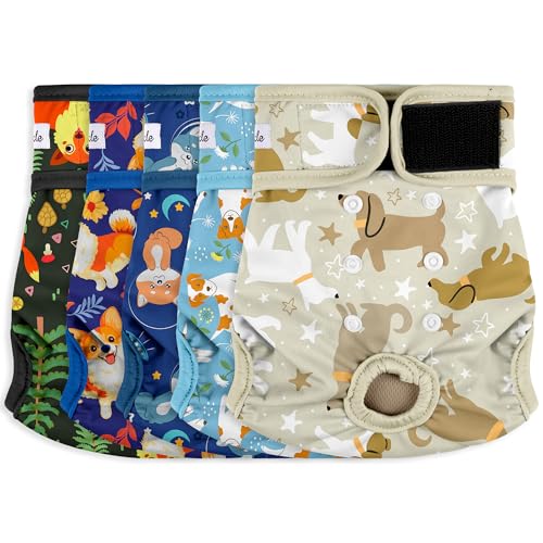 Image of Washable Female Dog Diapers (5 Pack) - Doggie Reusable Small Medium Large Dog Diapers for Doggy Puppy Female in Period - Highly Absorbent Dog Heat Panties,S Plus,Cute Dog Pattern