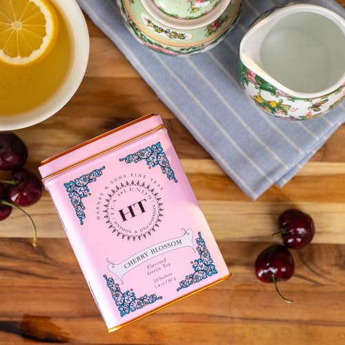 Image of Harney & Sons HT Cherry Blossom Green Tea, 20 Sachets in Tin | Green tea with delicate cherry blossom and vanilla flavors inspired by Japan's sakura season. Contains caffeine.