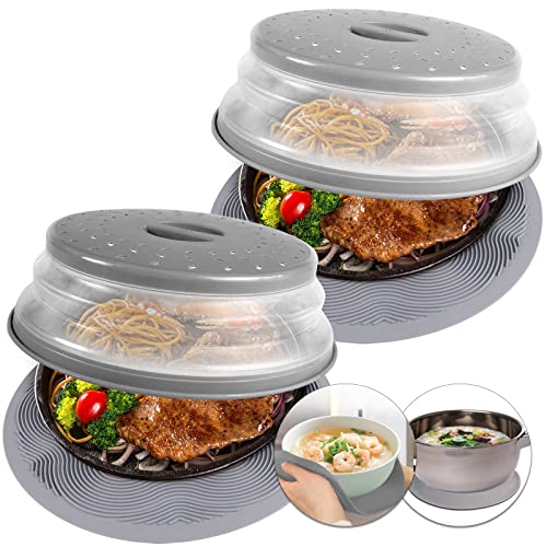 4 In 1, Aidacom Microwave Mat & Food Cover- 10“ Mat as Bowl Holder, Cover for Splatter Guard, Multi-use: Silicone Trivet, Pot Holders, Drying, Baking, Place Mat, Utensils Rest for Kitchen Counter
