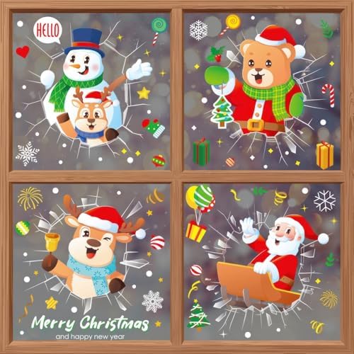 9 Sheets Christmas Window Clings For Glass Windows, Christmas Static Window Stickers Double Sided Xmas Window Decorations Snowflake Santa Claus Elk Window - View #3