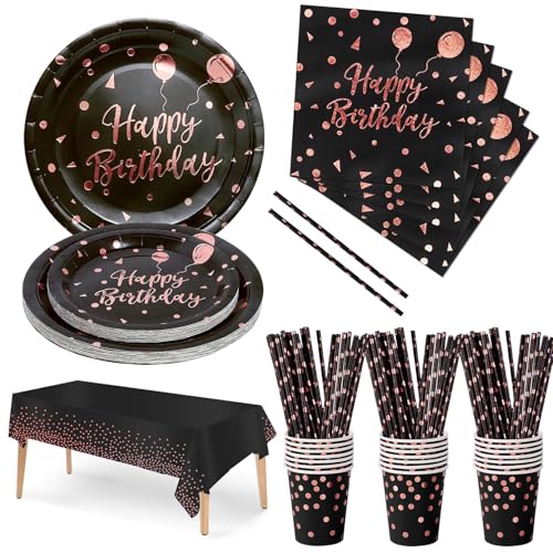 Nkaiso Kit de Fête d'Anniversaire Jetable,121pcs Noir et Rose Or Kit Vaisselles Papier Assiette Tasse Serviette, Enfants Fête Anniversaire Décoration -24...