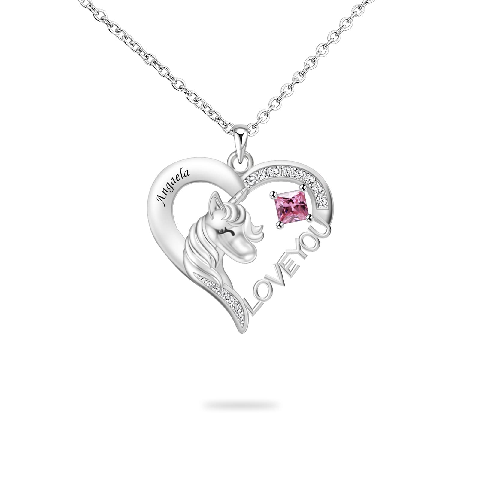 YUYOO Personalized S925 Sterling Silver Unicorn Necklace with Birthstone Name Engraved Unicorn in Heart Pendant Necklace for Daughter Birthday