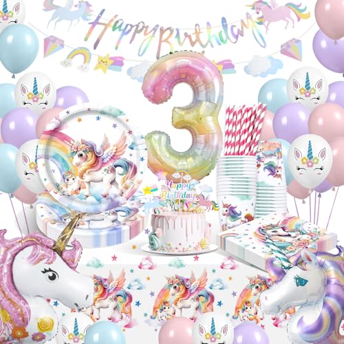 WINAROI Decoration Anniversaire Licorne,3 Ans Decoration Anniversaire Licorne Fille,Kit anniversaire licorne Assiettes Gobelets Serviettes Ballons pour Enfants...
