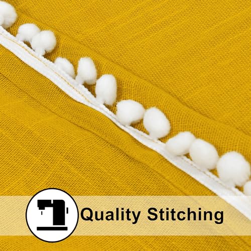Image of THE LINEN COMPANY Cotton Sheer Grommet Curtains with Side Border Pompom Sheer Curtain for Window Linen Textured, Light Filtering, Pack of 2 (Mustard, 6 Feet)