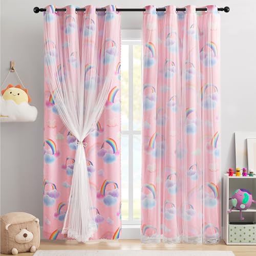 Image of XiDi Pink Curtains for Girls Bedroom 2 Panels 63 Inches Long Cute Double Layer Kids Rainbow Blackout Curtains with Sheer Overlay Lace for Nursery Princess Thermal Insulated Grommet Window Drapes 34x63