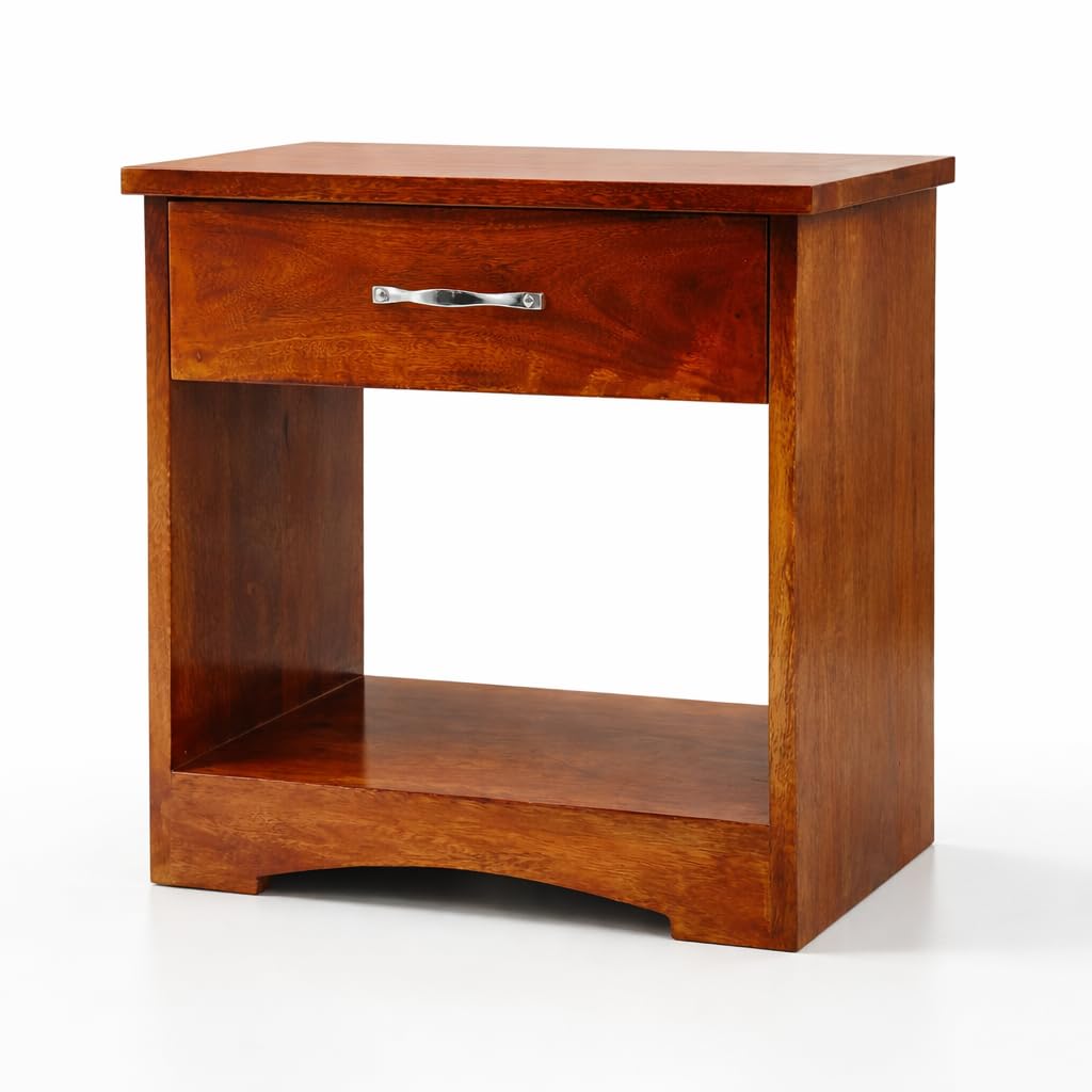UNITEK FURNITURE Solid Sheesham Wood Bedside Table with 1 Drawers & Storage Shelf Wooden Bed Side End Tables Night Stand for Home Living Room Bedroom - Brown Finish-image-33