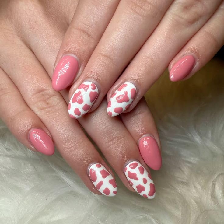 Pink Cow Print Press-On Nails, Almond Shape, Glossy Finish | White & Pink Design, Almond Shaped, Cow Print Pattern, Glossy Top Coat, Reusable-image-25