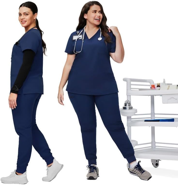 Kitmaz Scrub Pants for Women - Mid Rise 4-Way Stretch Anti-Wrinkle Slim Fit Jogger Pants, Drawstring & 5 Pockets Navy Blue