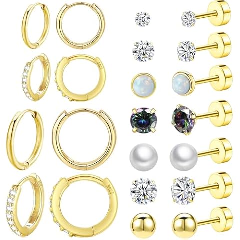 Gold Surgical Steel Flat Back Stud Earring Sets for Multiple Piercing,Small Huggie Hoop Earrings Hypoallergenic Tiny Titanium Earrings for Women,Pearl Opal CZ Cartilage Earring Cover