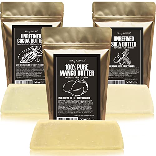 Organic Shea, Cocoa, Mango Butters Set, AMAZING BODY BUTTER Raw, Unrefined Skincare Ingredient for Homemade DIY Lotion Making, Body Butters, Soaps and lip balm. - each butter is 8 oz (USA) -  Era of Nature