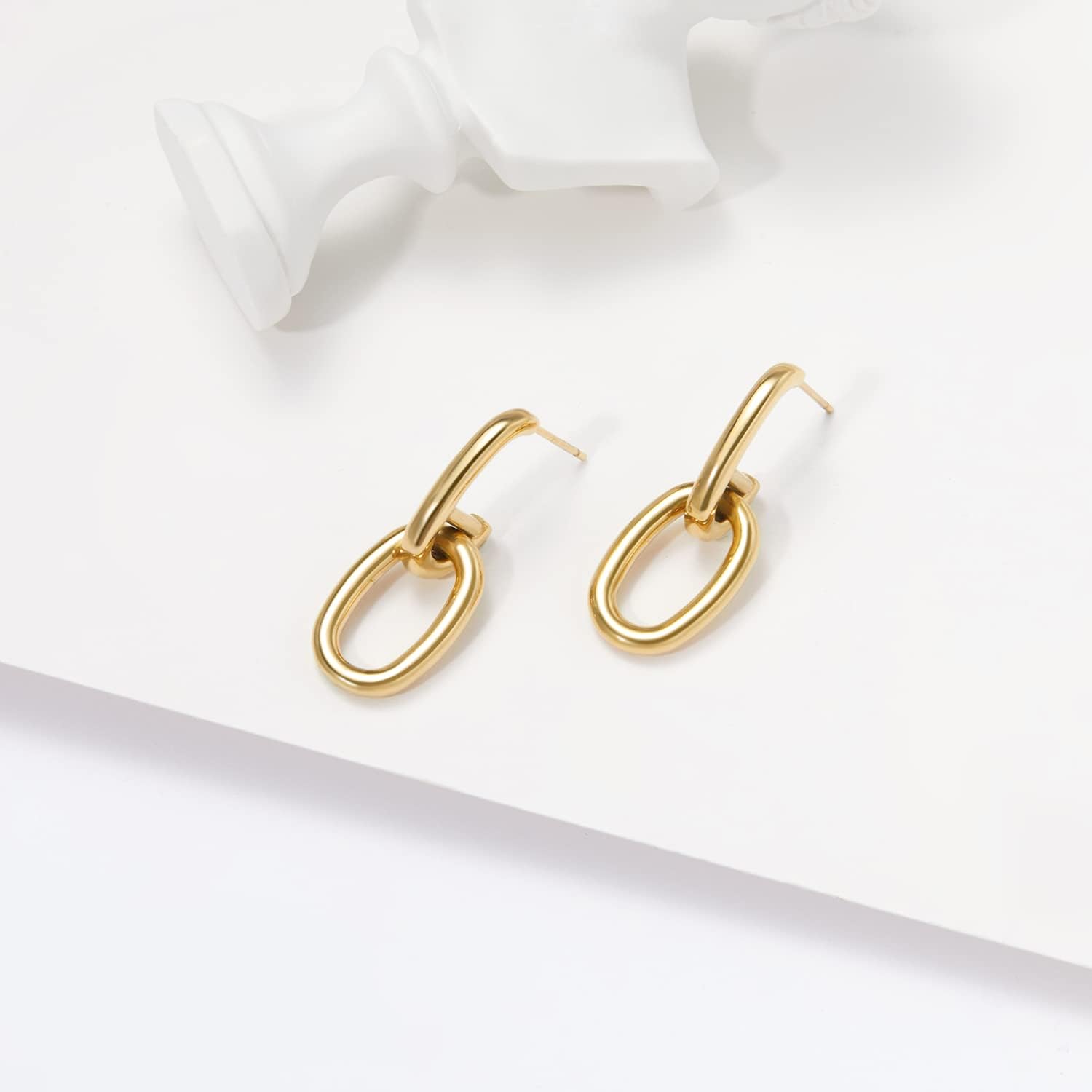14K Gold Dangle Drop Earrings, Geometric U Shaped Small Earrings Link Chain, Hypoallergenic Comfort for Women Clipon Hoop Earrings Jewelry - Image 7
