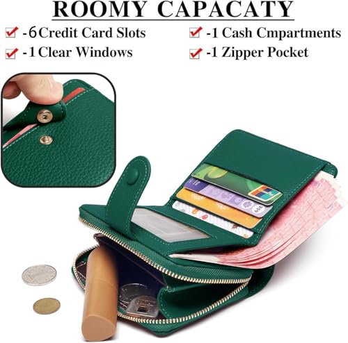 Women's Small Soft Leather Purse Small Purse Women's Mini Purse with Large Zip Coin Compartment, Deep Green2