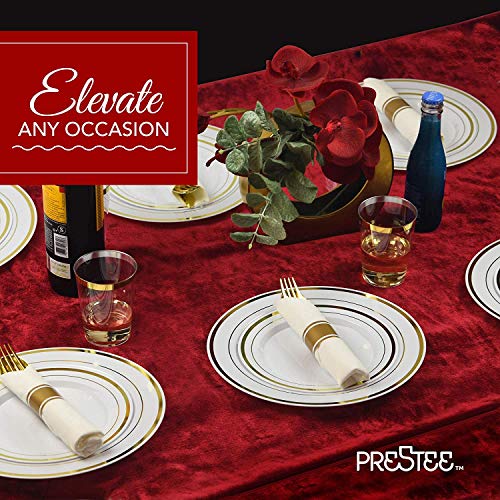 350 Piece Gold Dinnerware Set | 50 Guest | Party Supplies | Disposable Silverware Sets |100 Gold Rim Plastic Plates, 50 Pre-Rolled Linen Feel Napkins, Spoons, Forks, Knives, 50 Gold 10 Oz Plastic Cups #TOP4