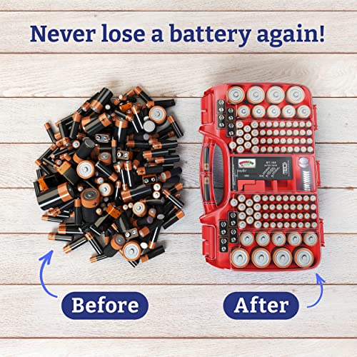 Image of Battery Organizer Storage Case with Tester, Holds 180 Batteries, Clear Hinged Cover, Locking Lid - For AA, AAA, C, D and More, Red