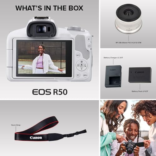 Canon EOS R50 Mirrorless Camera RF-S18-45mm F4.5-6.3 is STM Lens Kit, 24.2 Megapixel CMOS (APS-C) Sensor, 4K Video, Hybrid Camera, Photo and Video, Vlogging, Content Creator, RF Mount, White