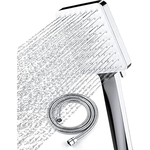 Newentor® Handheld High Pressure 6 Spray Modes/Settings Detachable Chrome Finish Square Shower Head with Stainless Steel Hose and Multi-Angle Adjustable Shower Stand Cover