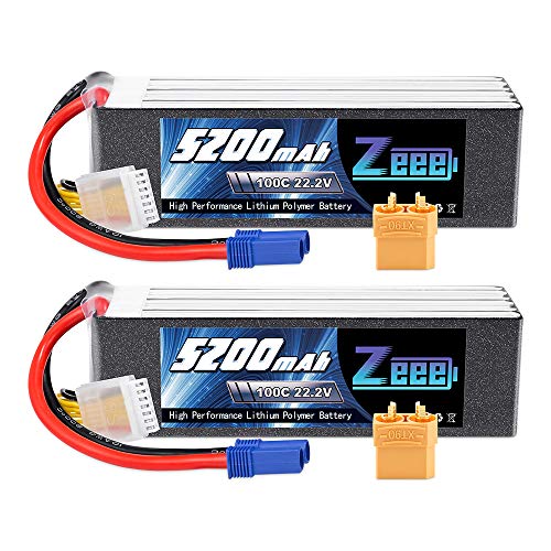 Zeee 22.2V 100C 5200mAh 6S Lipo Battery with EC5 and XT90 Connector RC Battery for RC Car Truck Airplane Helicopter Quadcopter Boat (2 Pack)
