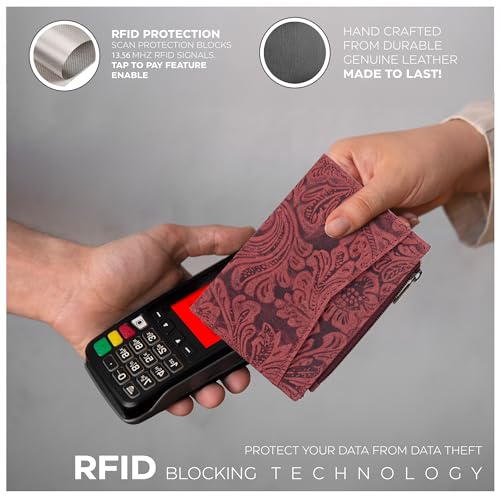 Image of Oak Leathers Leather Wallet For Women - Small RFID Coin Purse Credit Card & ID Holder for Ladies, Gift for Women's, Bifold Wallets (Crazy Horse Red Flower)