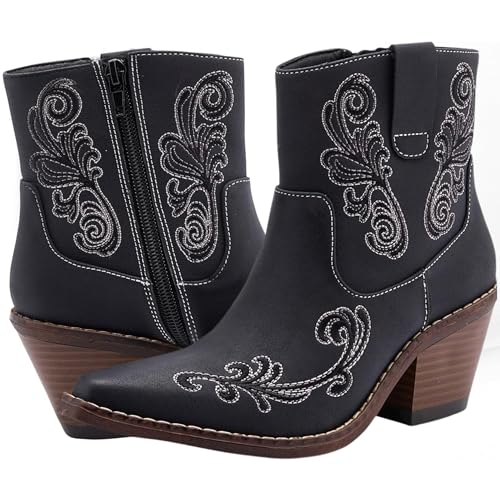 Women's Black Western Cowboy Boots - Ankle-High Booties with Side Zippers, Durable Stack Heel, Comfortable Faux Leather, Perfect for Casual Wear, Dancing, Riding, Special Occasions