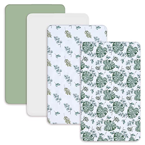 Image of AMROSE 4 Pack Soft Mini Crib Sheets, Microfiber Pack N Play Sheets Set for Baby Girls Boys, Silk Touch Gentle Playard Sheet Portable Crib Sheet, Sage Green Leaf