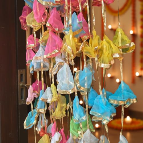 Image of iHandikart Pack of 10 Multicolor Gota Net Hangings (4 Feet) - Traditional Indian Decoration Latkans for Haldi, Mehandi, Wedding Backdrop, Ganesh Chaturthi & Festive Home Decor