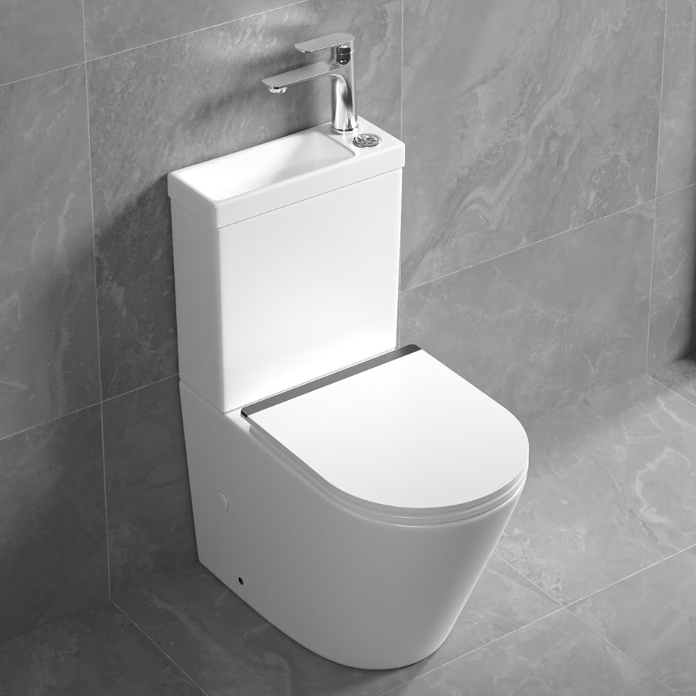 Db Durovin Bathrooms Glossy White Durovin Bathrooms Close Coupled Two Piece Ceramic Toilet With Sink On Top And Tap Right Hand - Rimless Wc Pan With Cistern And Soft Close Seat