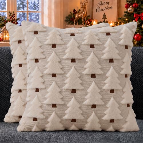 Image of Christmas Pillow Covers 22x22 inch Set of 2 Christmas Decorations Soft Plush Faux Fur Wool Beige Christmas Tree Throw Pillow Cases Winter Holiday Decor for Sofa Living Room PT002C22