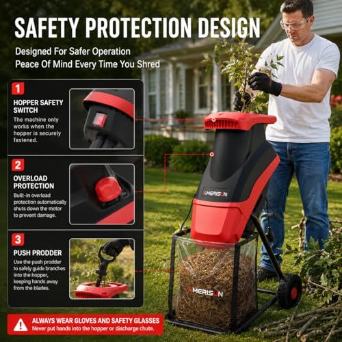 Image of AMERISUN Electric Wood Chipper Shredder 15-Amp, 4200RPM Leaf Mulcher with 1.75-Inch Branch Capacity, Portable Yard Waste Shredder with 50L Collection Bag for Garden, Lawn & Landscaping Cleanup