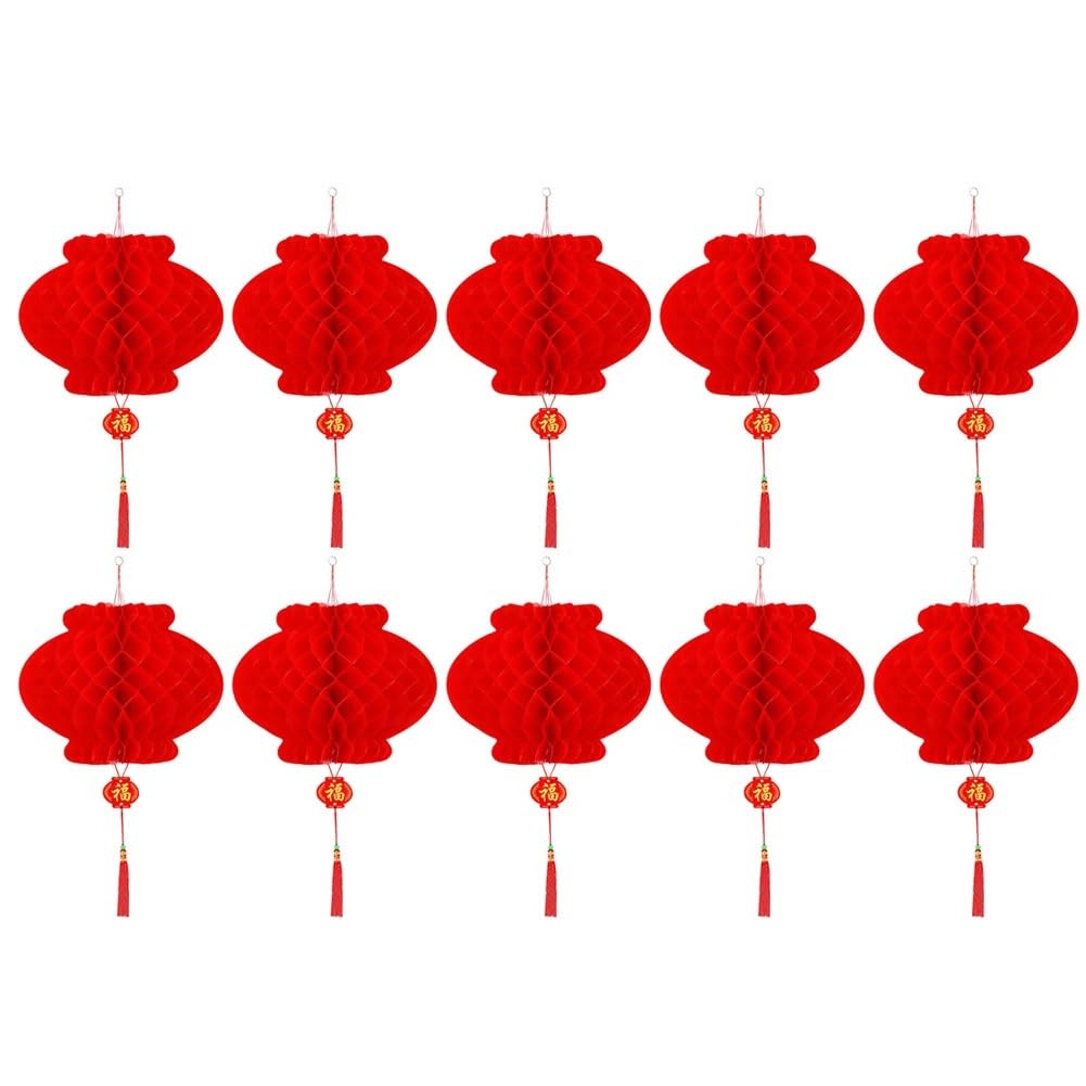 10pcs Traditional Spring Festival Lanterns New Year Honeycomb Red Paper Lanterns Spring Festival Hanging Ornament(21cm)