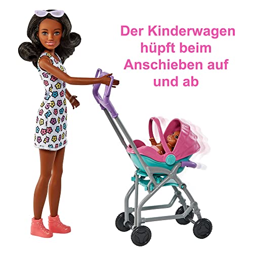 Barbie Skipper Babysitter Inc, Skipper mit schwarzen Haaren, Baby mit braunen Haaren, Kinderwagen, Babytrage, Zubehör, inkl. 2 Puppen, Geschenk für Kinder, Spielzeug ab 3 Jahre,HHB68