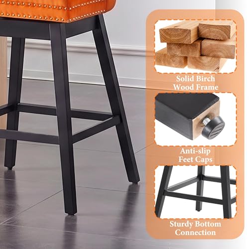 Image of Orange Swivel Bar Stools, Velvet Counter Height Bar Stool Set of 4 | 360 Swivel Bar Chairs, Solid Wood Legs, Upholstered Kitchen Island Stools, Modern Extra Wide Seat (Orange, 30 inch H, 4 Pack)