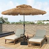 Clihome 10ft Tiki Umbrella with LED Lights Thatched Patio Umbrella Hawaiian Style Beach Umbrellas Pool Umbrella for Outdoor Tiki Bar, Tropical Palapa, Patio Garden, Beach, Backyard