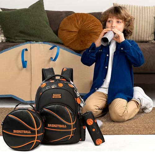 Image of Boys' School Backpack with Lunch Box and Pencil Case - Ideal for Teens and Middle School Students, Black Basketball