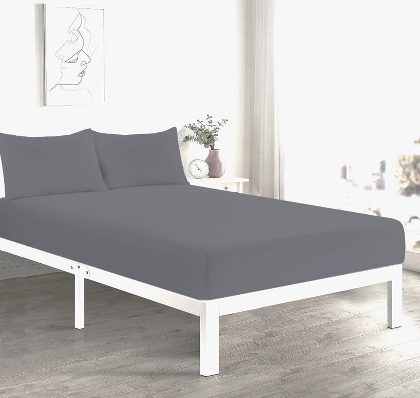 L S U Supersoft Duvet Cover Set Easy Care Bedding Fitted Sheet and Pillowcases in 22 Colours and Single, Double, King, and Super King Sizes (FITTED SD grey)
