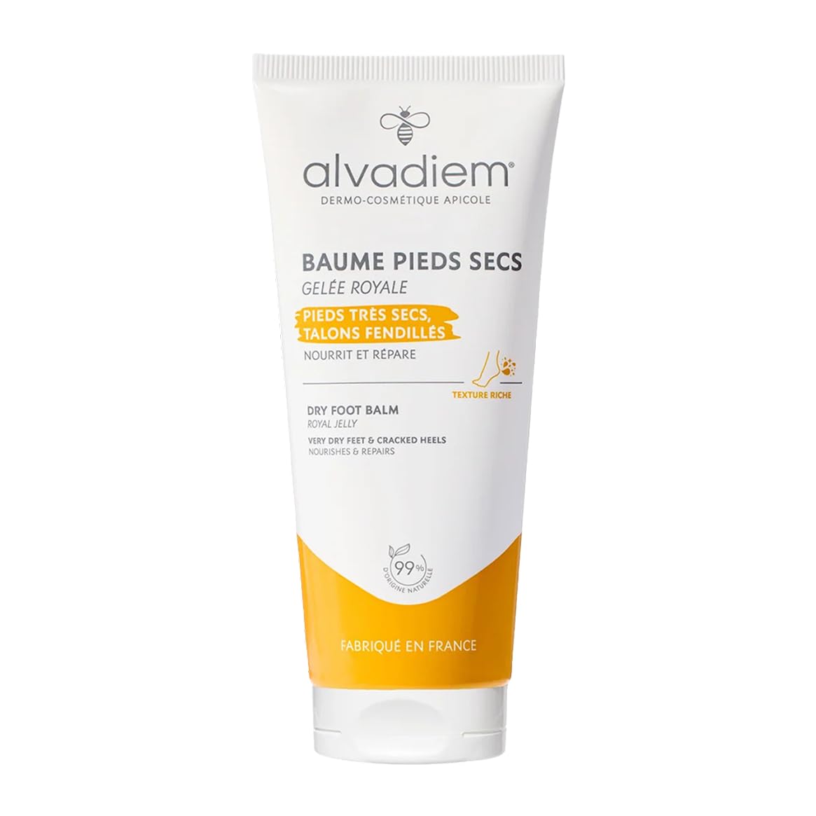 Alvadiem | Baume Pieds Secs à la Gelée Royale Réparatrice | Nourrit, Répare Talons Fendillés, Crevasses | Huile d'Olive Vierge, Vitamine E | Recommandé par les Podologues, Fabriqué en France | 75 ml