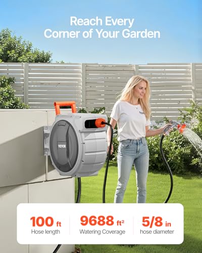 Image of VEVOR Retractable Garden Hose Reel, 5 /8 Inch x 100 ft Wall Mounted Hose Reel, Heavy Duty Garden Hose Reel with 9 Patterns Nozzle, Any Length Lock, Upgraded Slow Return System and 180Swivel Bracket
