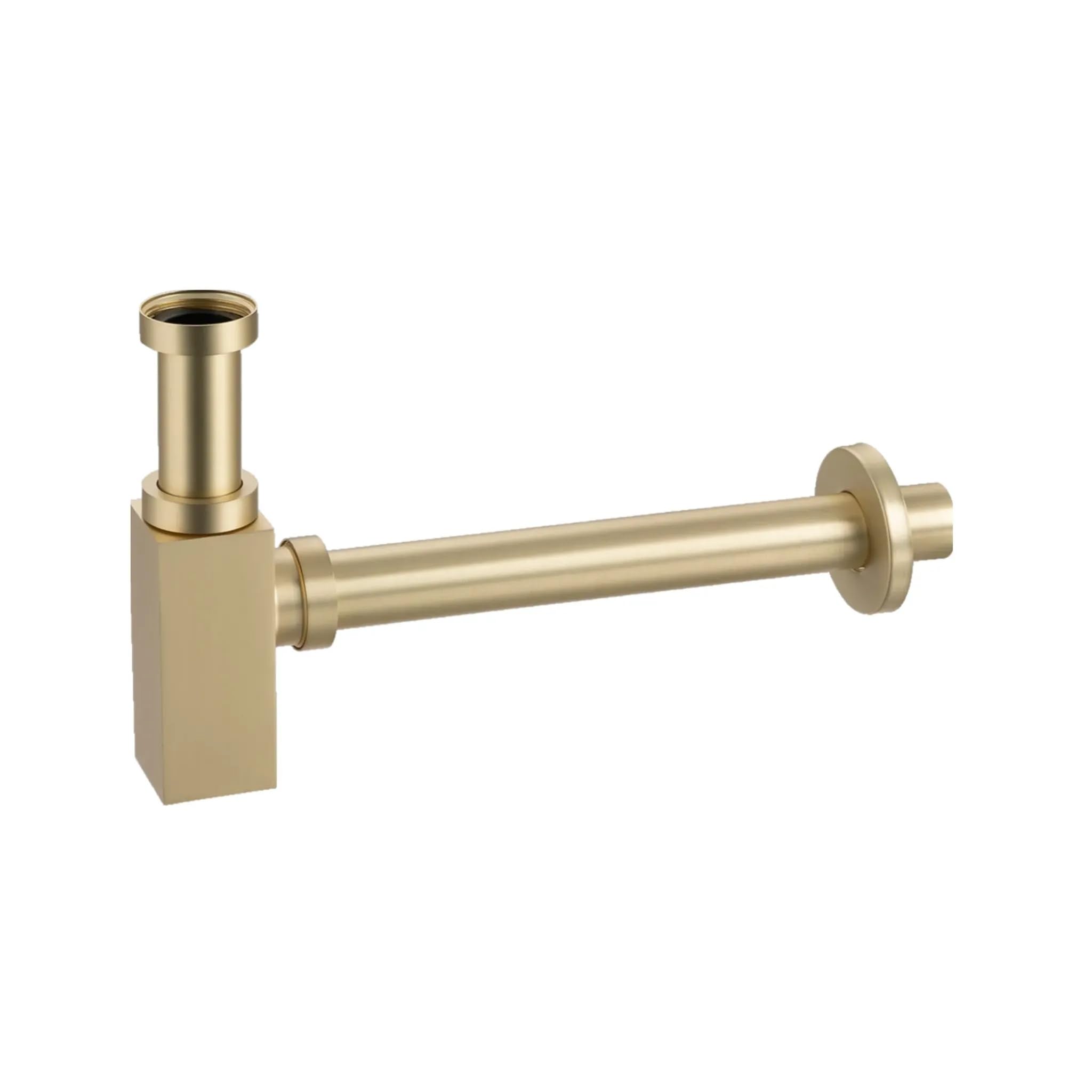 Sifón de Lavabo Universal - Válvula de Desagüe para Lavabo de Latón G1 1/4 x 32 mm - Sifón Tubular para Baño - Tubo de Desagüe para Lavabo de Baño, Cuadrado Oro Cepillado