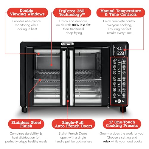 Gourmia Toaster Oven Air Fryer Combo 17 cooking presets 1700W french door digital air fryer oven 24L capacity accessories, convection rack, baking pan tray recipe book GTF7460,Large,Black