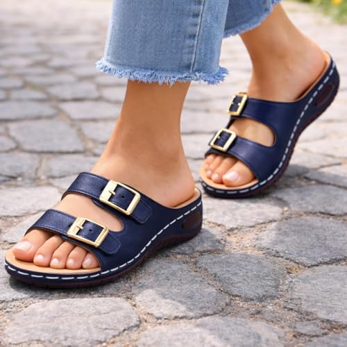 Image of ORTHO JOY Orthopedic Comfort Sandals for Women | Adjustable Buckle Slides with Arch Support | Cushioned Shock Absorbing Sole