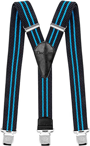 Decalen Mens Braces with Very Strong Metal Clips Wide 4 cm 1.5 inch Heavy Duty Suspenders One Size Fits All Men and Women Adjustable and Elastic Y Style (Black Blue), Black Blue, Onesize