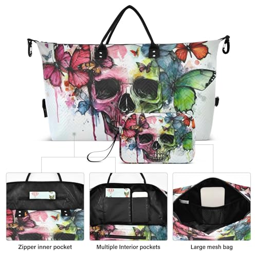 Large Travel Duffel Bag, Skull Butterflies Colorful Sport Tote Gym Bags, Shoulder Weekender Overnight Bags for Women Men, Carry On Luggage with Toiletry Bag2