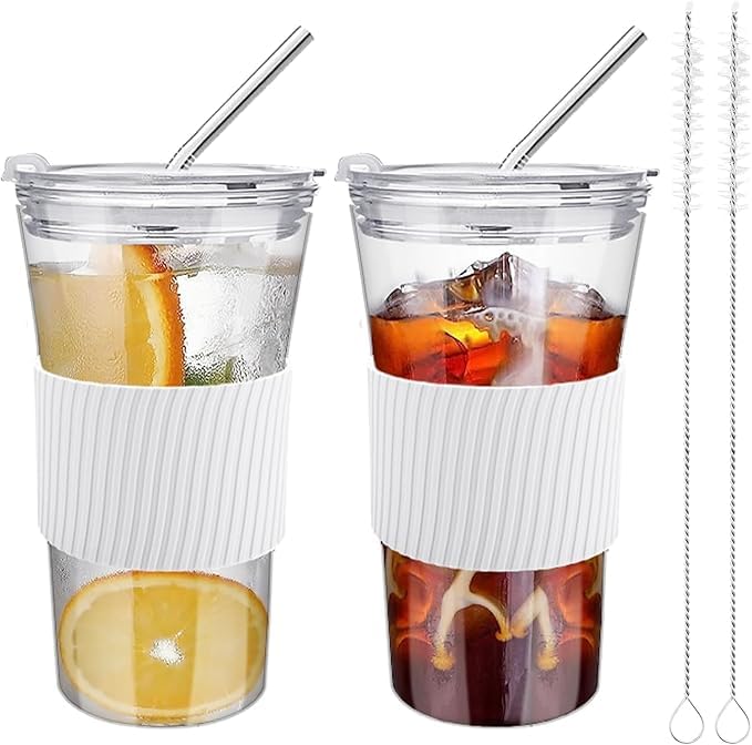 LBOYLOVE® Ice Coffee Cups, Glass Cups With Lid and Straw Cups, 16 Oz Wide Mouthed Canned Drinking Cup with Silicone Sleeves for Coffee and Beverages, Portable Glass C-ups (2-Piece Set of White)