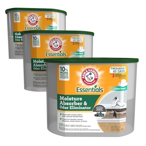 Arm & Hammer Essentials Disposable Moisture Absorber and Odor Eliminator Tub, Linen Fresh, 1 lb., 3-Pack, Attracts and Traps Excess Moisture, Ideal Closet Non-Electric Dehumidifier