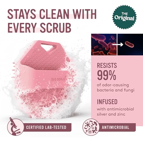 Image of Sud Scrub Antimicrobial Silicone Body Scrubber, Exfoliating Body Scrubber for Sensitive Skin, Eco Friendly Shower Scrubber for Body, Silicone Body Brush for Showering, Lathers Well, Pink